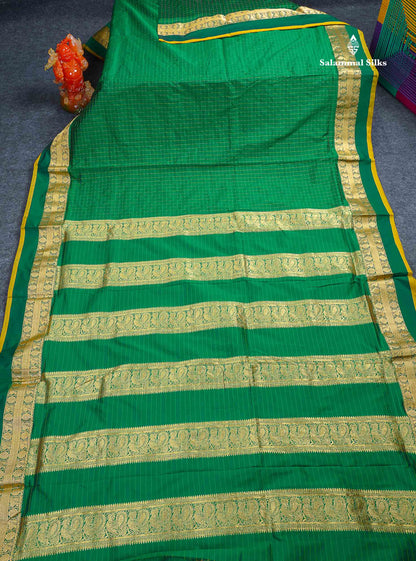 Semi Silk Saree - Bottle Green Colour Body Checks With Traditional Border | 9.5 Yards
