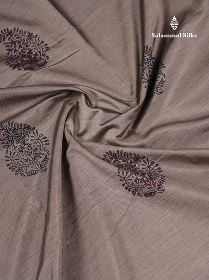 Beautiful Cream Sandal South Cotton Printed Saree With Contrast Redish Maroon Blouse