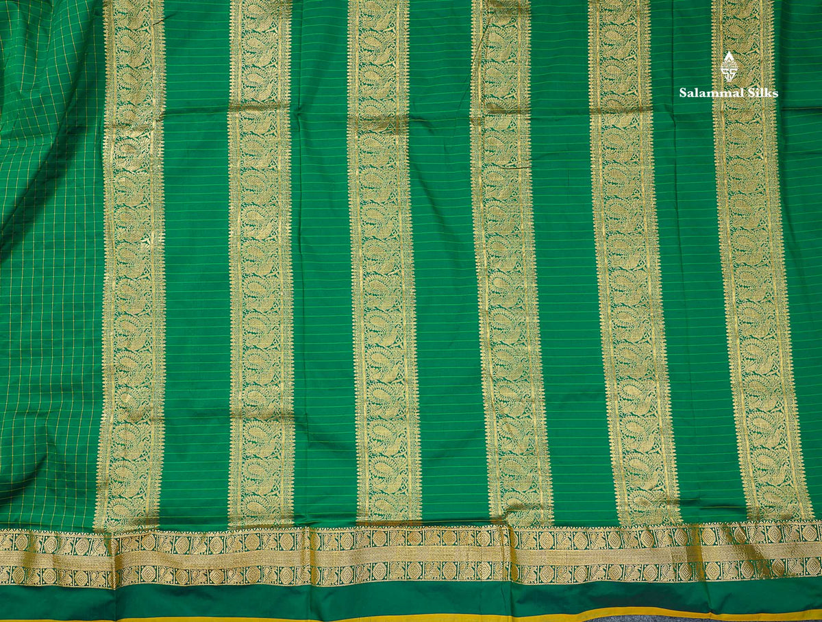 Semi Silk Saree - Bottle Green Colour Body Checks With Traditional Border | 9.5 Yards