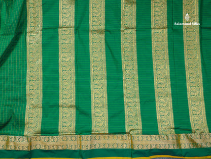 Semi Silk Saree - Bottle Green Colour Body Checks With Traditional Border | 9.5 Yards