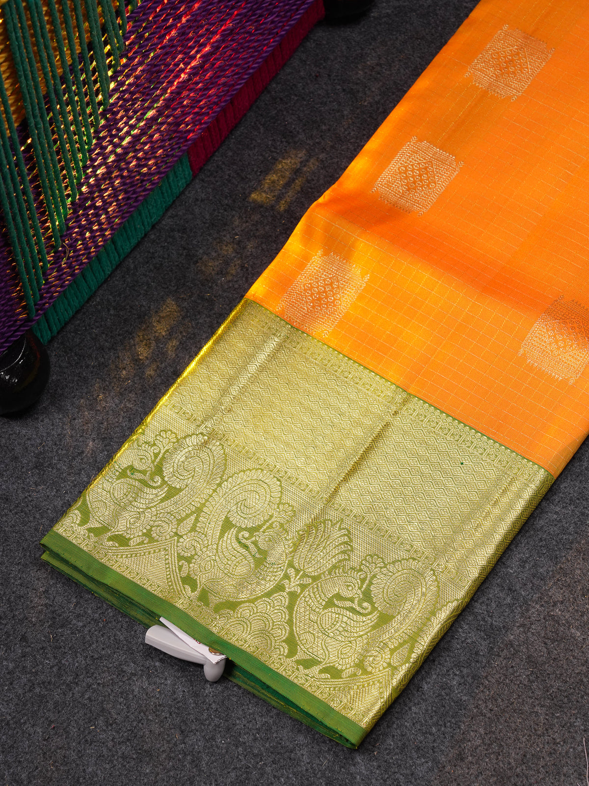 Beautiful Pure Silk Pattu Pavadai Checks With Butta (Mango Yellow) With Contrast Bottle Green  Blouse 45"