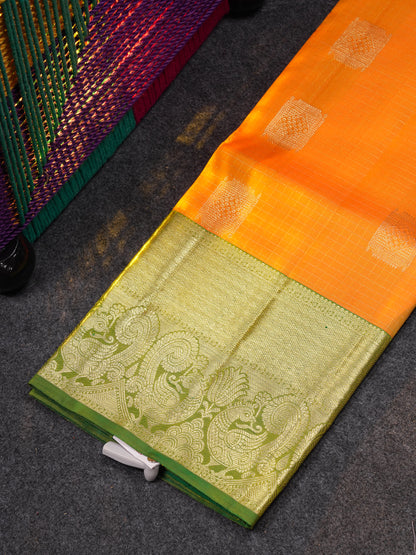 Beautiful Pure Silk Pattu Pavadai Checks With Butta (Mango Yellow) With Contrast Bottle Green  Blouse 45"
