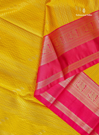 Semi Silk Saree - Mustard Yellow Vaira Oosi Lines Along With Red Traditional Border