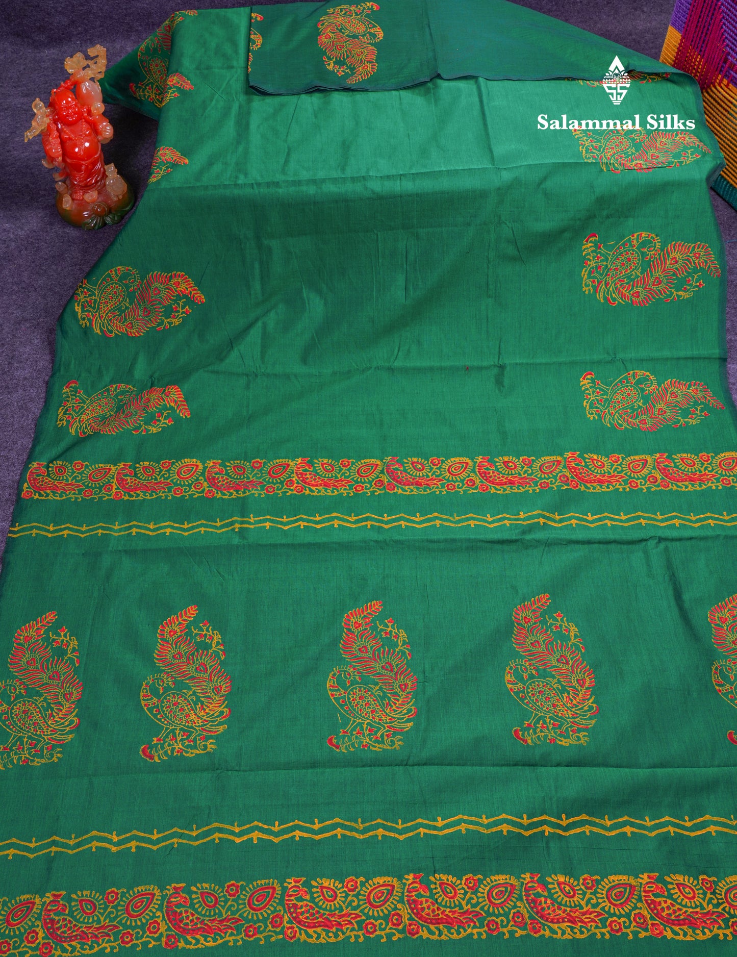 Beautiful Saffire Green South Cotton Printed Saree With Contrast Yellow Blouse