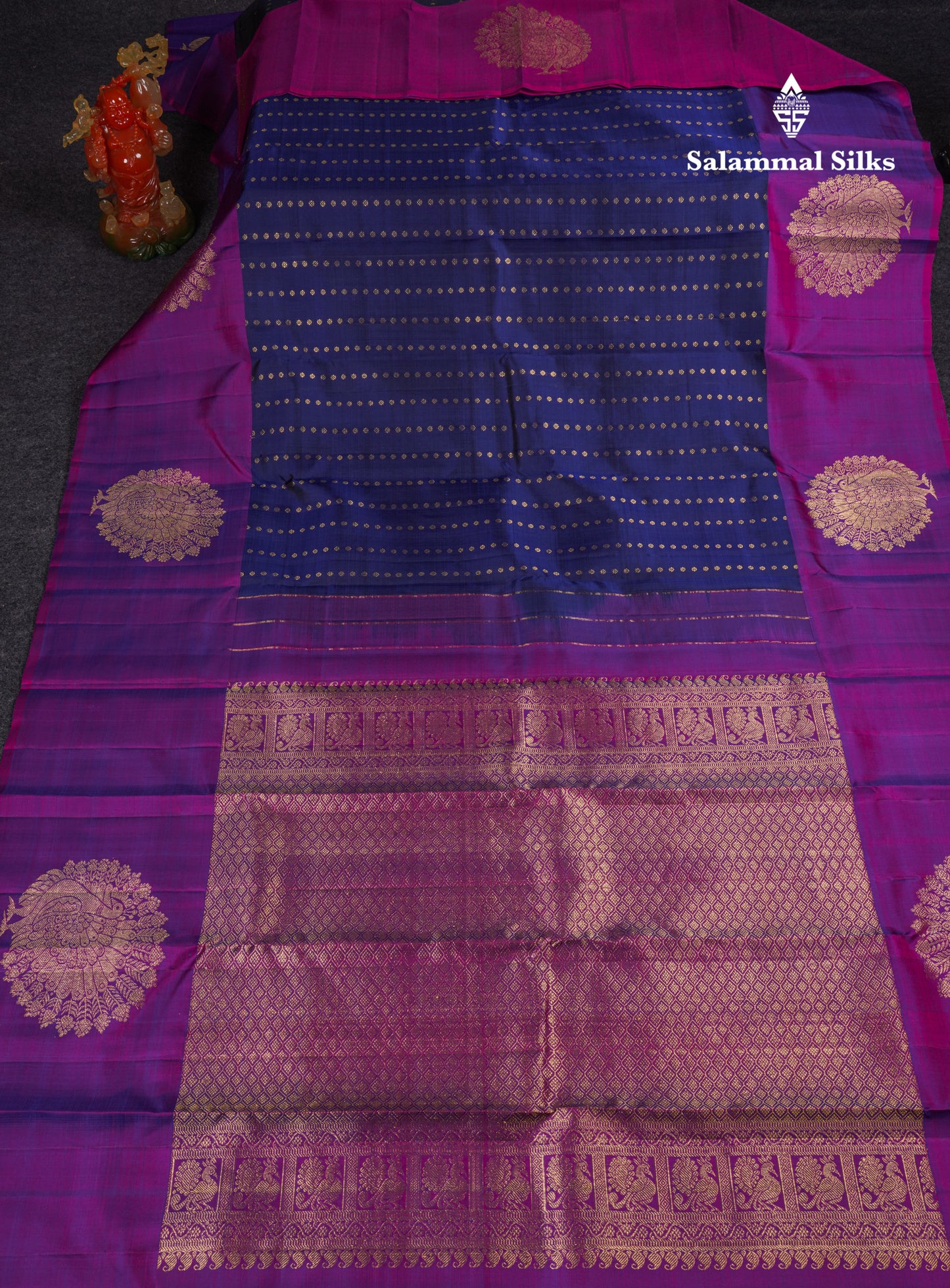Beautiful Navy Blue Pure Kanjivaram Silk Saree With Contrast Vadamalli Fancy Border