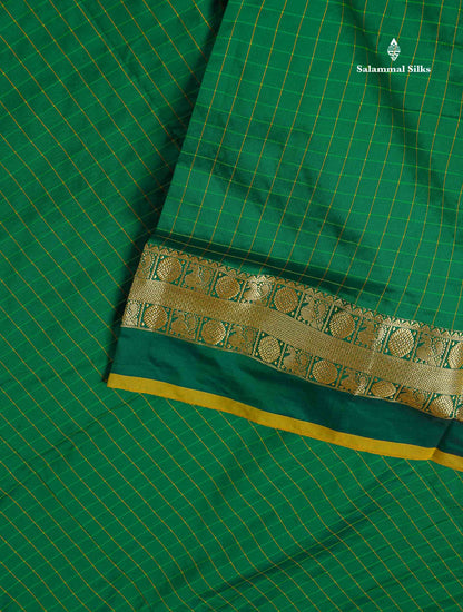 Semi Silk Saree - Bottle Green Colour Body Checks With Traditional Border | 9.5 Yards