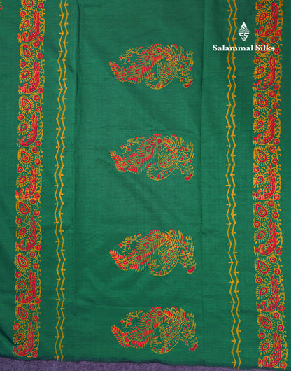 Beautiful Saffire Green South Cotton Printed Saree With Contrast Yellow Blouse