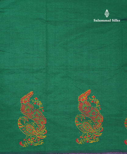 Beautiful Saffire Green South Cotton Printed Saree With Contrast Yellow Blouse