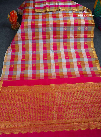 Pure Kanjivaram Silk Saree - Paalum Pazham Checks With Butta & Traditional Small Border