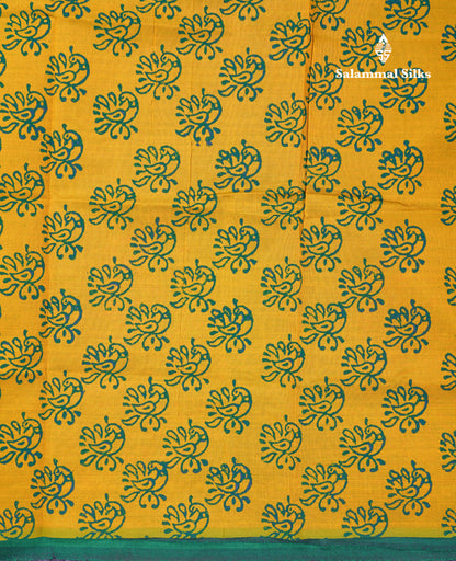 Beautiful Saffire Green South Cotton Printed Saree With Contrast Yellow Blouse