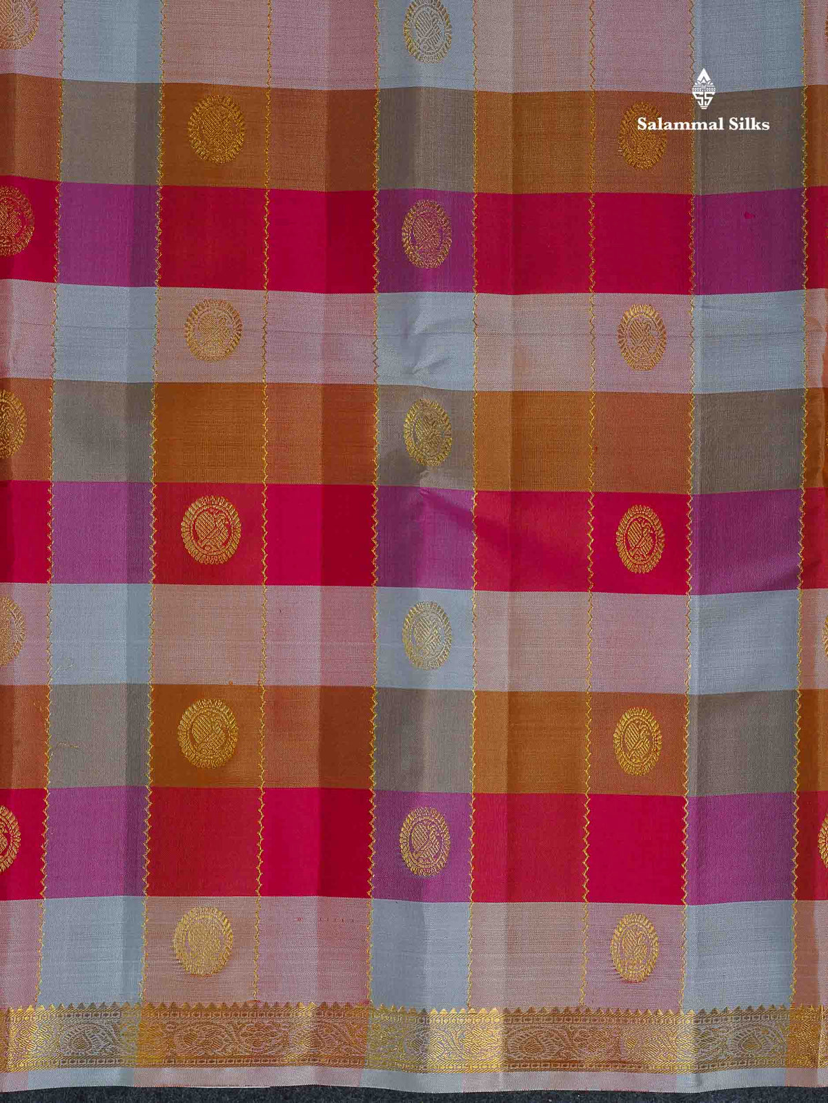 Pure Kanjivaram Silk Saree - Paalum Pazham Checks With Butta & Traditional Small Border