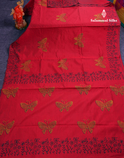 Beautiful Redish Maroon South Cotton Printed Saree With Contrast Mustard Yellow Blouse