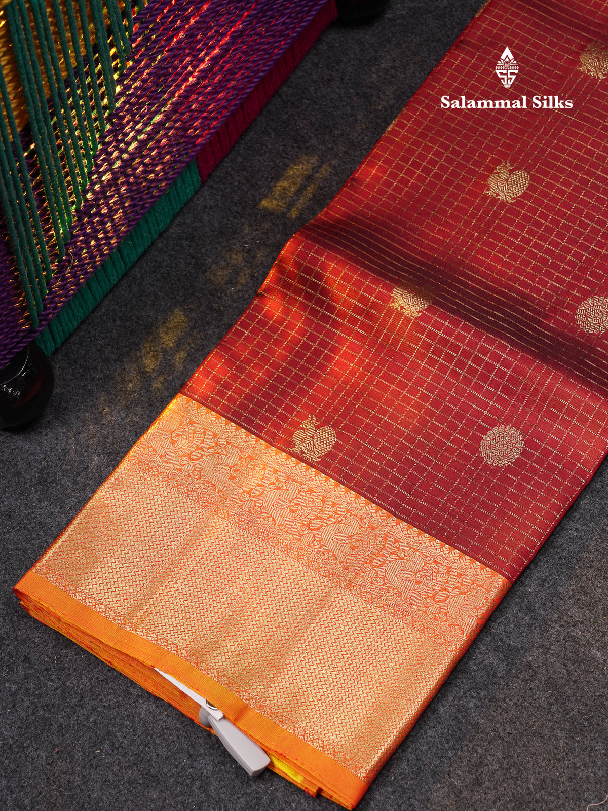 Beautiful Pure Silk Pattu Pavadai Checks With Butta (Dark Maroon) With Contrast Orange Blouse 45"