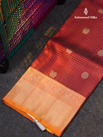Beautiful Pure Silk Pattu Pavadai Checks With Butta (Dark Maroon) With Contrast Orange Blouse 45"