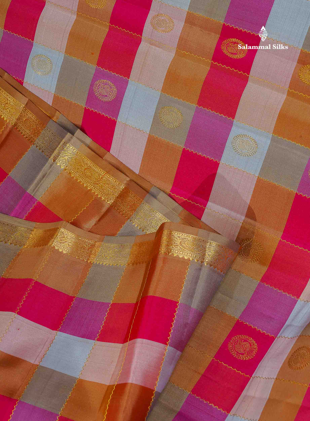 Pure Kanjivaram Silk Saree - Paalum Pazham Checks With Butta & Traditional Small Border