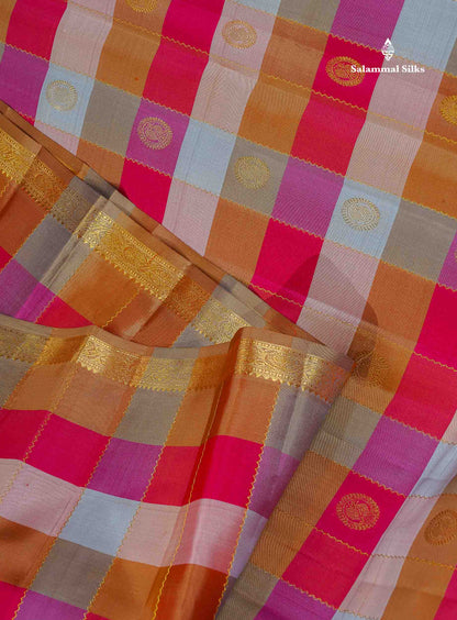 Pure Kanjivaram Silk Saree - Paalum Pazham Checks With Butta & Traditional Small Border