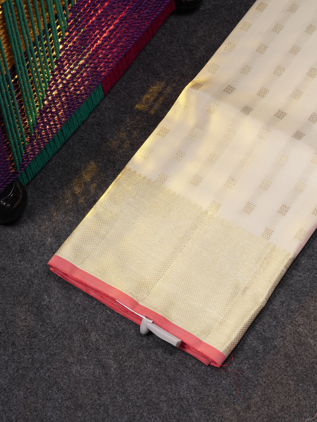 Beautiful Pure Silk Pattu Pavadai (Half White) With Contrast Chilly Red Blouse 45"