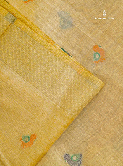 Muga Cotton Saree - Sandal Colour Body With Thread Butta & Elephant Grey Blouse