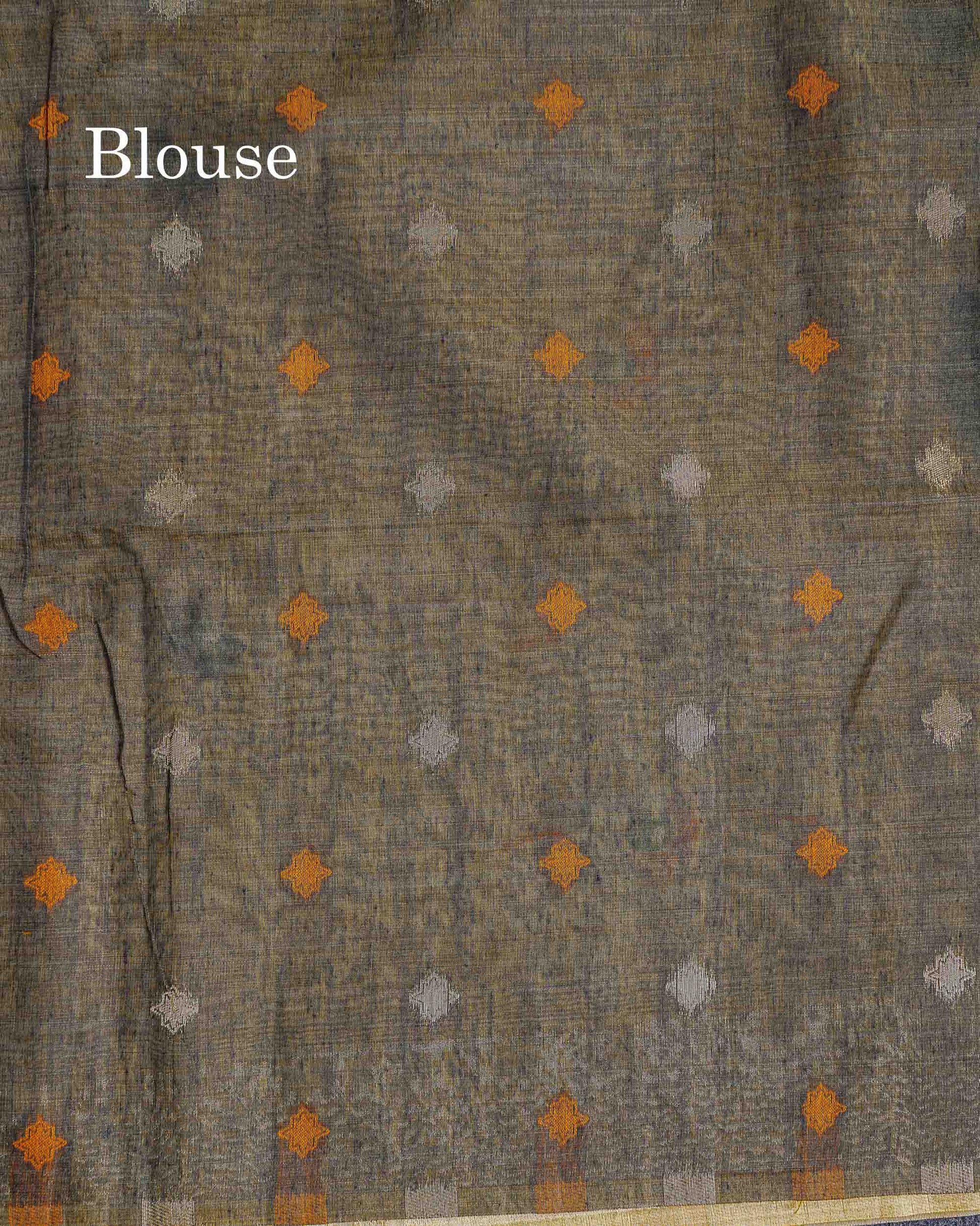 Contrast Elephant Grey Blouse Of Sandal Muga Cotton Saree 