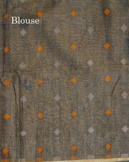 Contrast Elephant Grey Blouse Of Sandal Muga Cotton Saree 