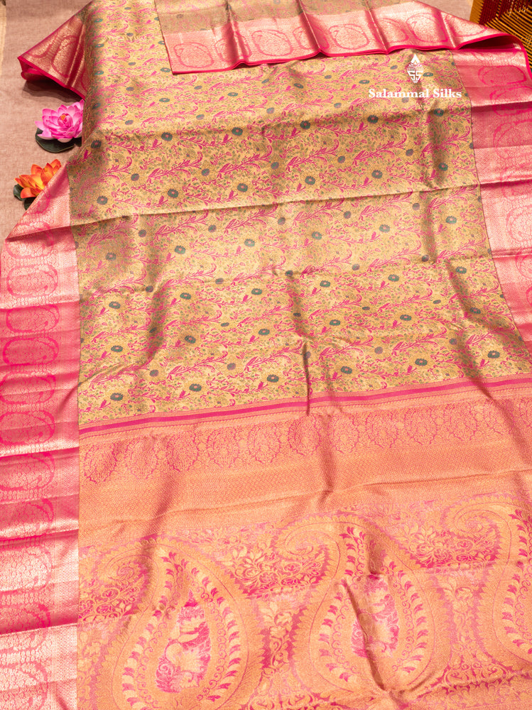 Green Colour Pure Kanjivaram Tissue Silk Saree with Pink Border