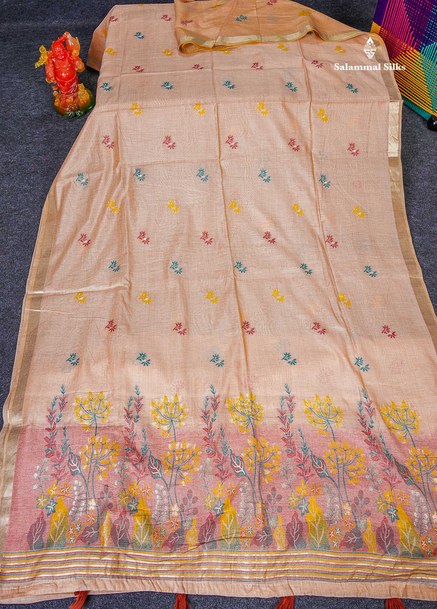 Full View Of Peach Muga Cotton Saree 