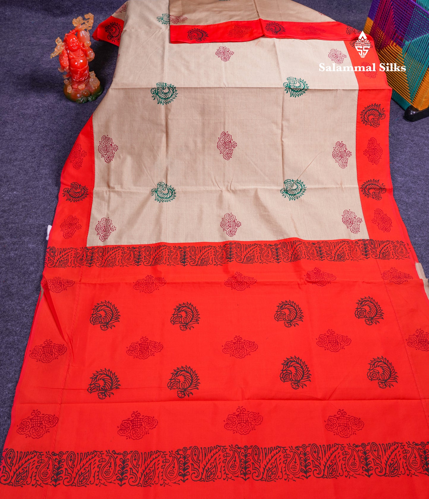 Beautiful Cream Sandal South Cotton Printed Saree With Contrast Orange Blouse