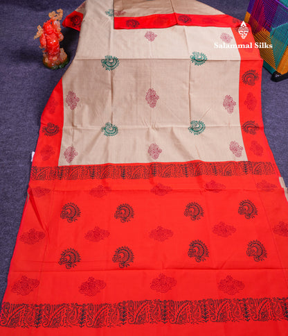 Beautiful Cream Sandal South Cotton Printed Saree With Contrast Orange Blouse