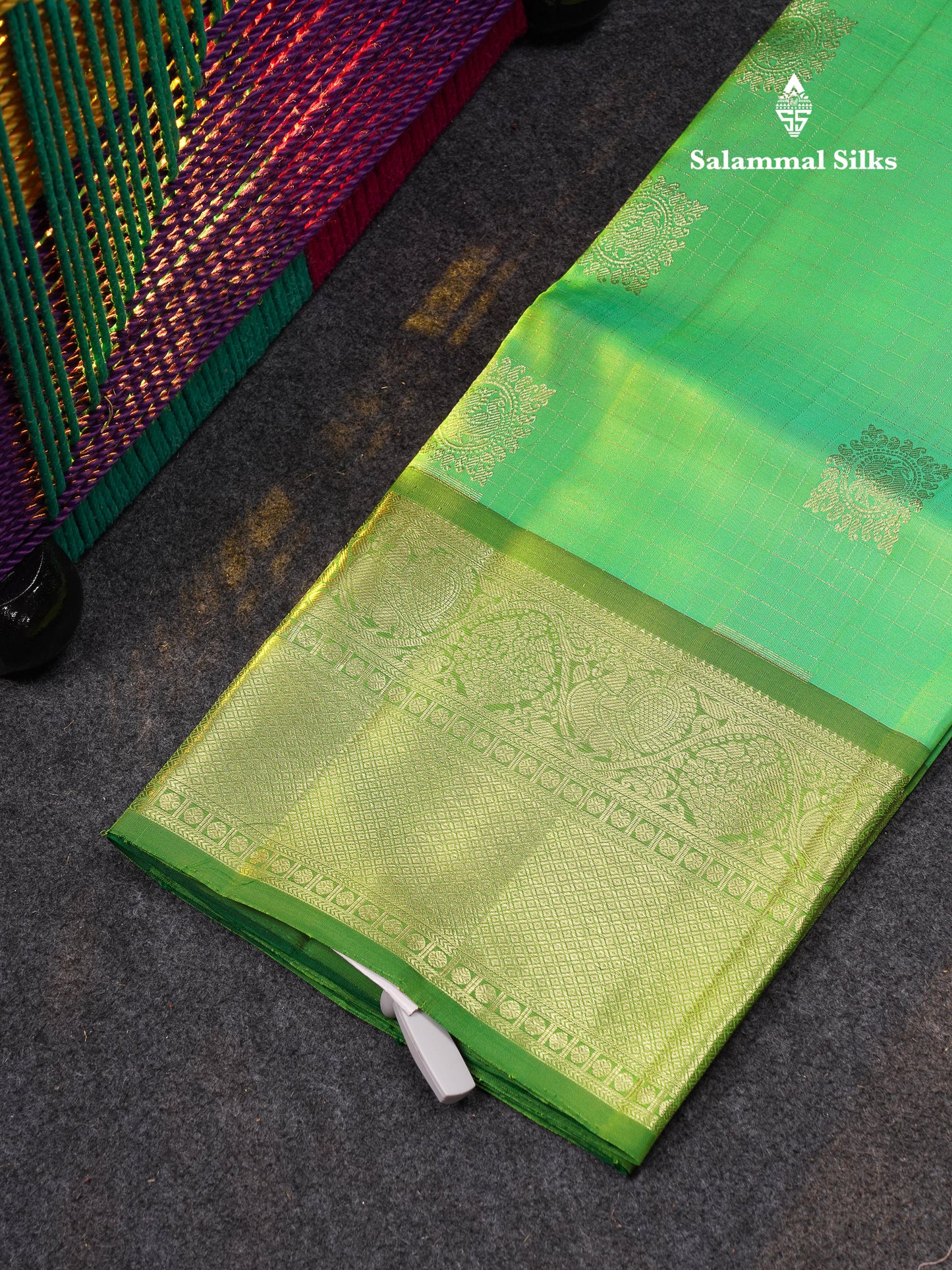 Beautiful Pure Silk Pattu Pavadai Checks With Butta (Pink) With Contrast Bottle Green Blouse 45"