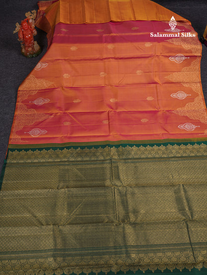 Beautiful Dual Tone Pinkish Orange Fancy Pure Kanjivaram Silk Saree With Contrast Bottle Green Blouse