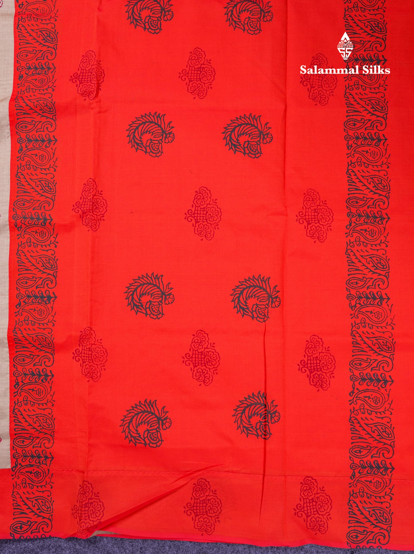 Beautiful Cream Sandal South Cotton Printed Saree With Contrast Orange Blouse