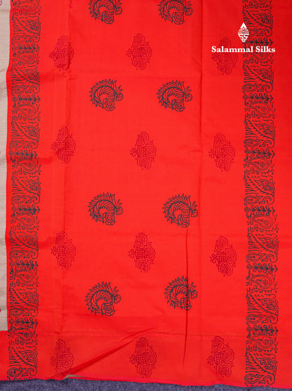 Beautiful Cream Sandal South Cotton Printed Saree With Contrast Orange Blouse