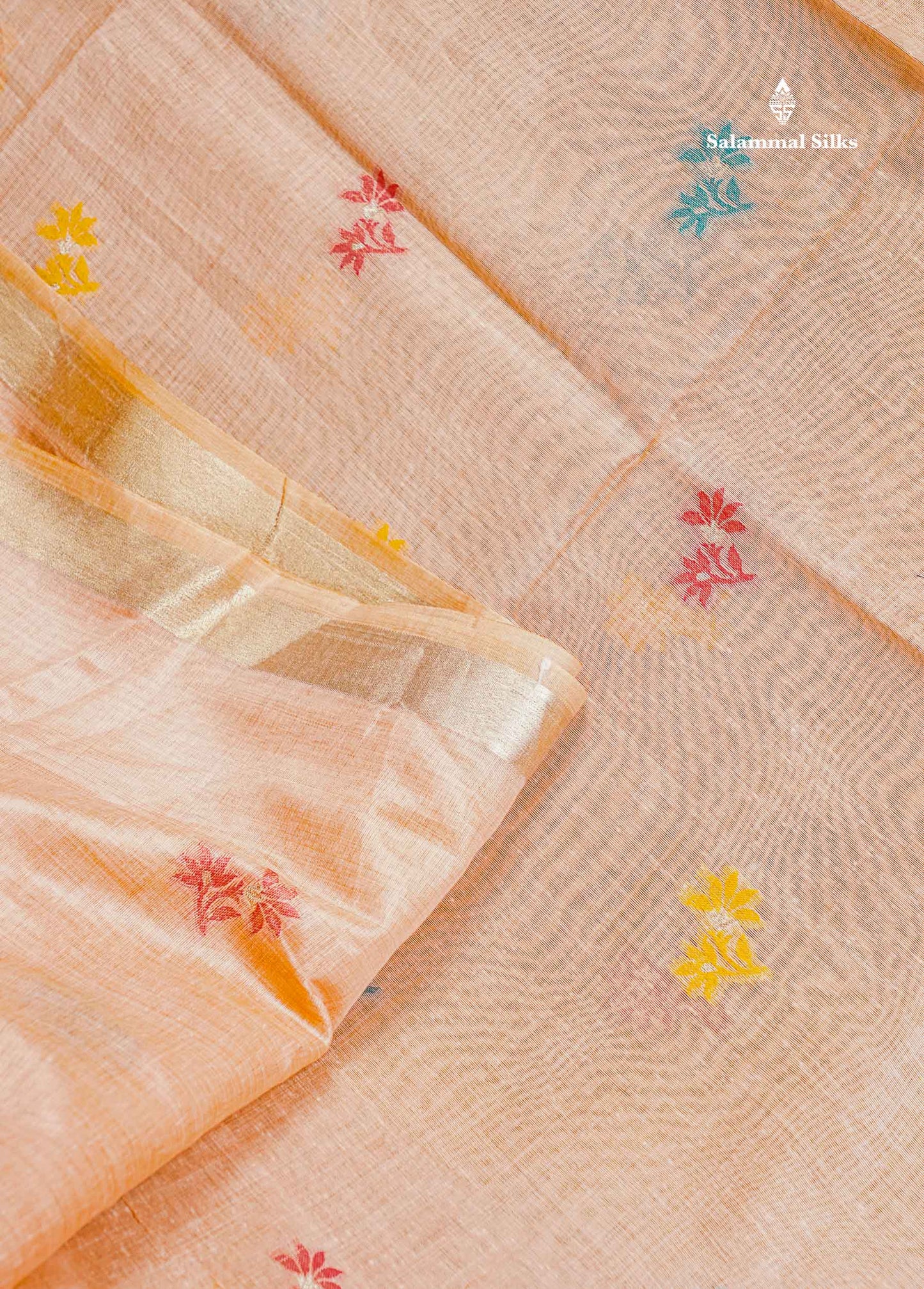 Muga Cotton Saree - Peach Colour Body With Menakari Thread Butta & Small Zari Border