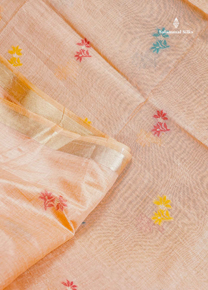 Muga Cotton Saree - Peach Colour Body With Menakari Thread Butta & Small Zari Border