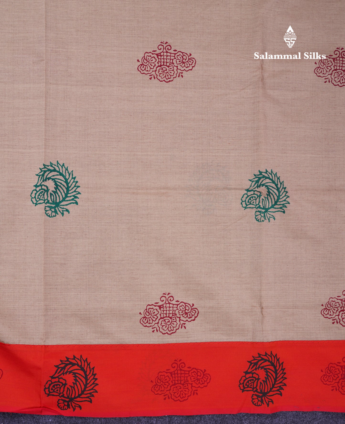 Beautiful Cream Sandal South Cotton Printed Saree With Contrast Orange Blouse