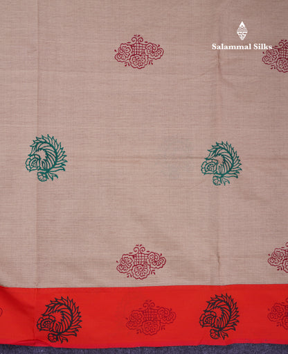 Beautiful Cream Sandal South Cotton Printed Saree With Contrast Orange Blouse