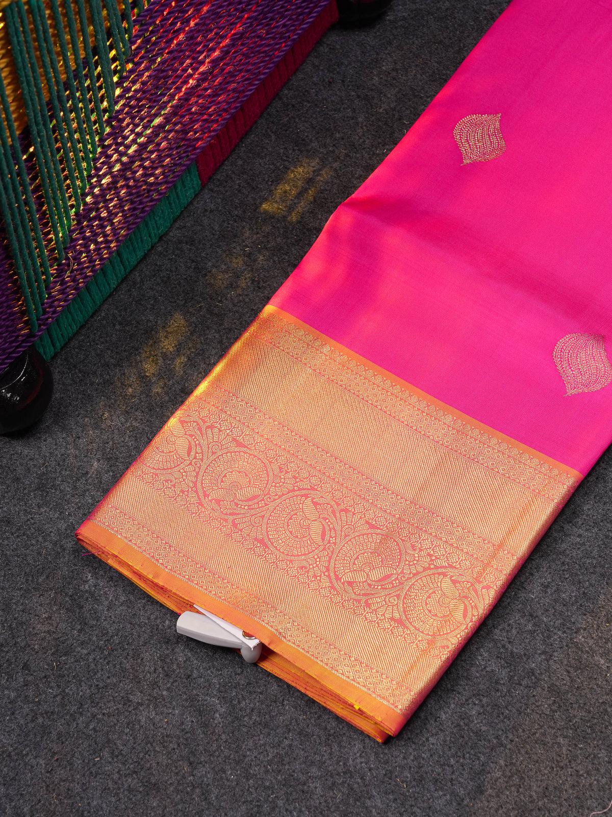 Beautiful Pure Silk Pattu Pavadai (Magenta Pink) With Contrast Pinkish Orange Blouse 45"