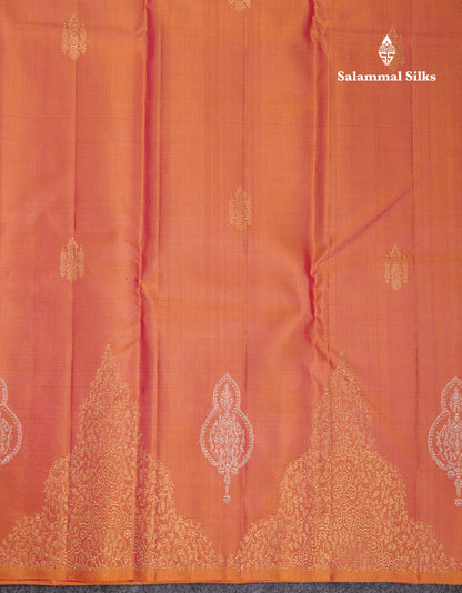 Beautiful Dual Tone Pinkish Orange Fancy Pure Kanjivaram Silk Saree With Contrast Bottle Green Blouse