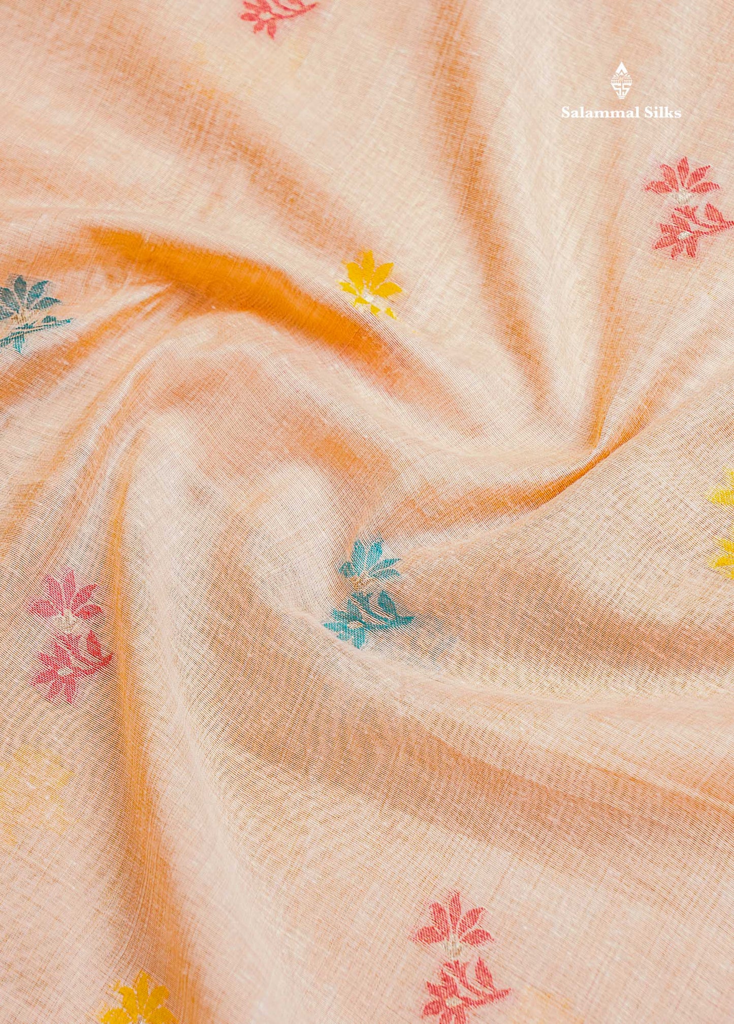 Muga Cotton Saree - Peach Colour Body With Menakari Thread Butta & Small Zari Border