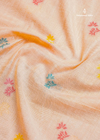 Muga Cotton Saree - Peach Colour Body With Menakari Thread Butta & Small Zari Border