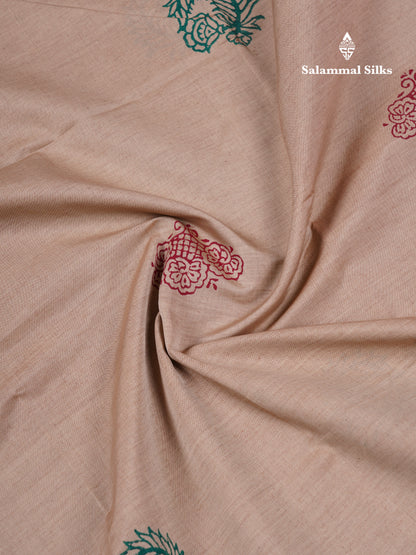 Beautiful Cream Sandal South Cotton Printed Saree With Contrast Orange Blouse