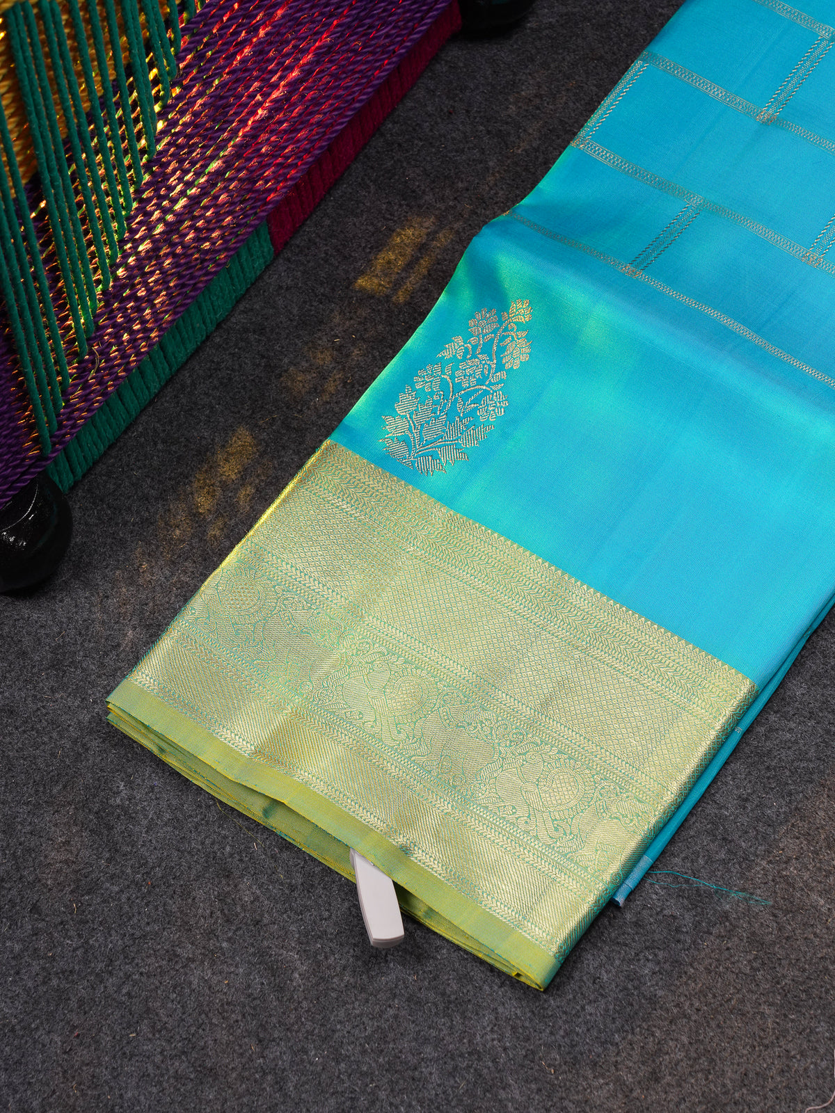 Beautiful Pure Silk Pattu Pavadai (Light Ramar Blue) With Contrast Manthulir Yellow Blouse 45"