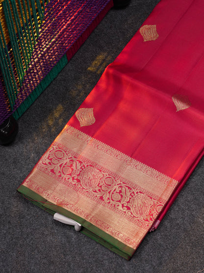 Beautiful Pure Silk Pattu Pavadai (Magenta Pink) With Contrast Pinkish Orange Blouse 45"