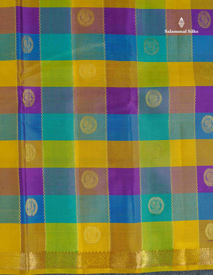 Pure Kanjivaram Silk Saree - Paalum Pazham Checks With Butta & Traditional Small Border