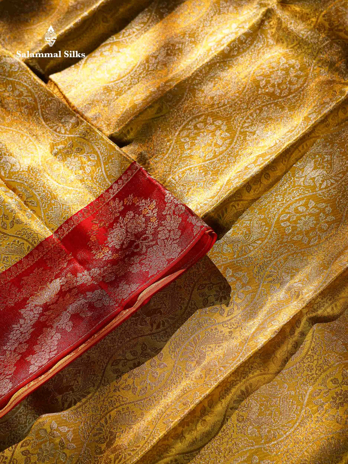 Beautiful Gold Tissue Bridal Pure Kanjivaram Silk Saree With Contrast Chilly Red Border