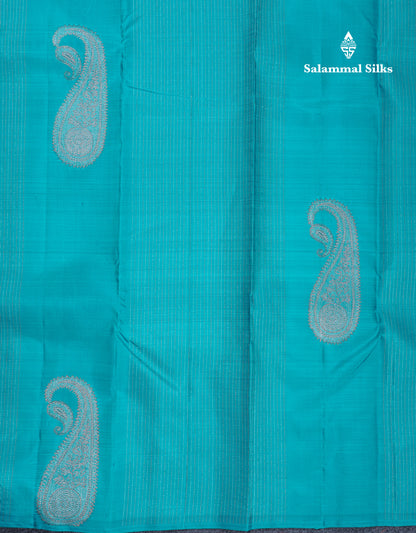Beautiful Sky Blue Fancy Pure Kanjivaram Silk Saree With Contrast Navy Blue Blouse