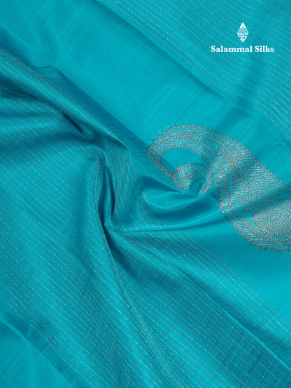 Beautiful Sky Blue Fancy Pure Kanjivaram Silk Saree With Contrast Navy Blue Blouse