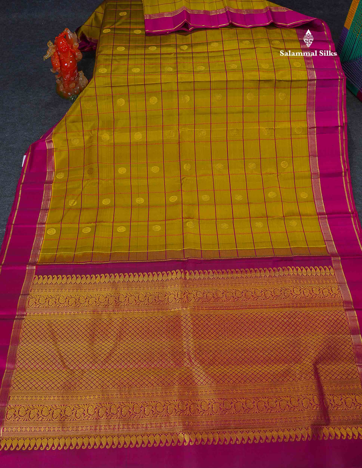 Pure Kanjivaram Silk Saree - Mehandi Green Colour Checks With Zari Butta & Magenta Gap Border