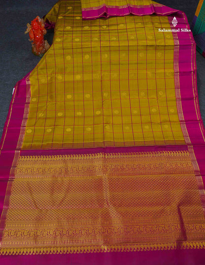 Pure Kanjivaram Silk Saree - Mehandi Green Colour Checks With Zari Butta & Magenta Gap Border