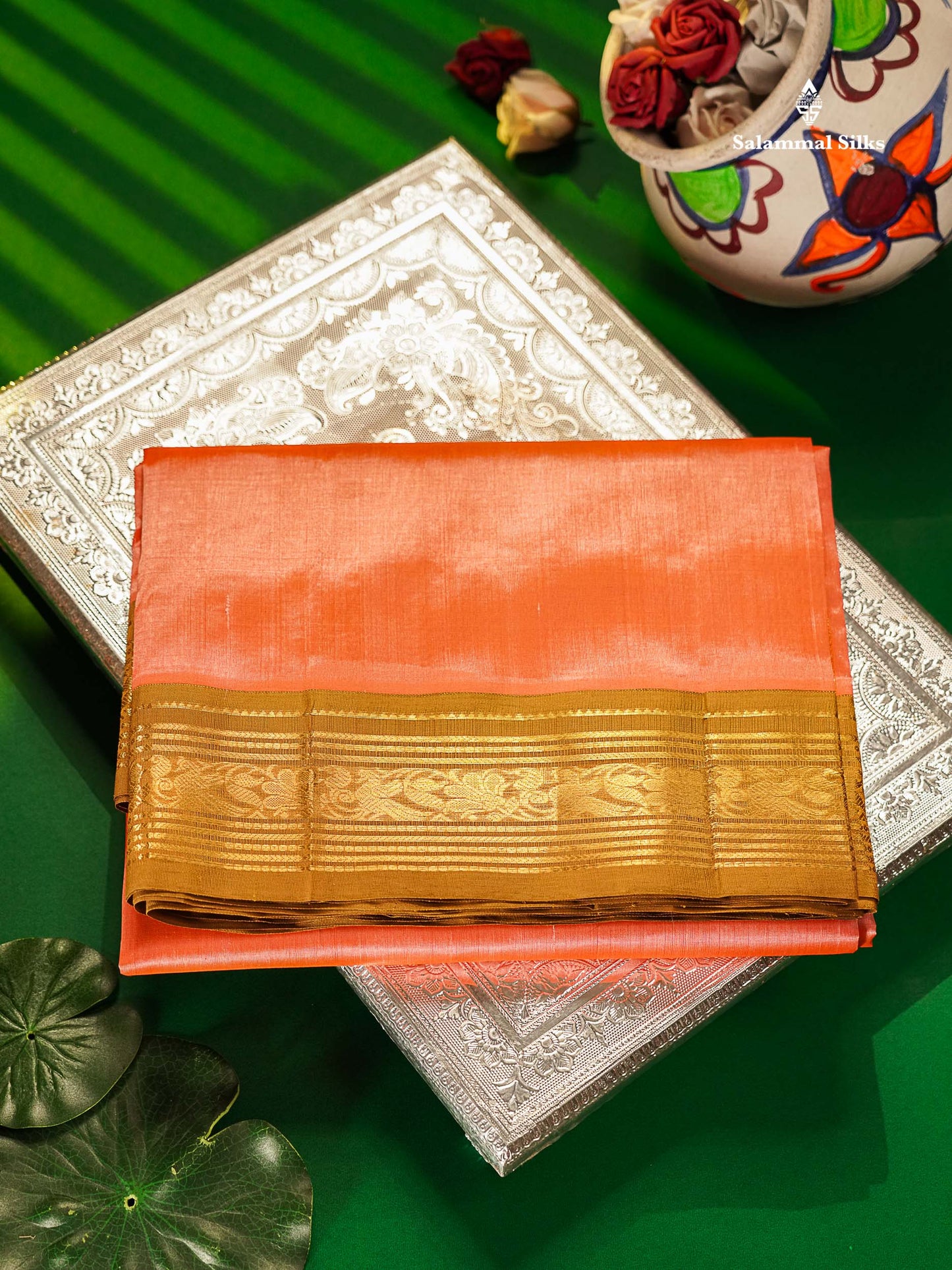 Pure Silk Cotton Saree - Peach Plain Along With Contrast Light Brown Traditional Border